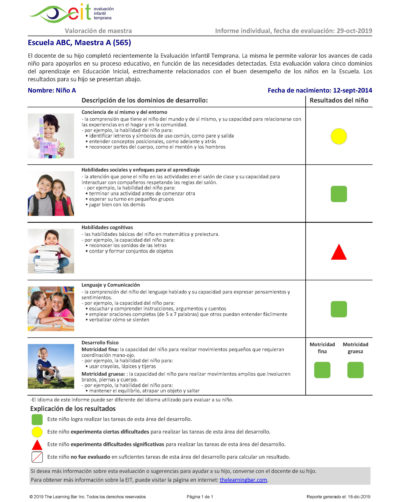 Early Years Evaluation - Teacher Assessment - Child Report Sample